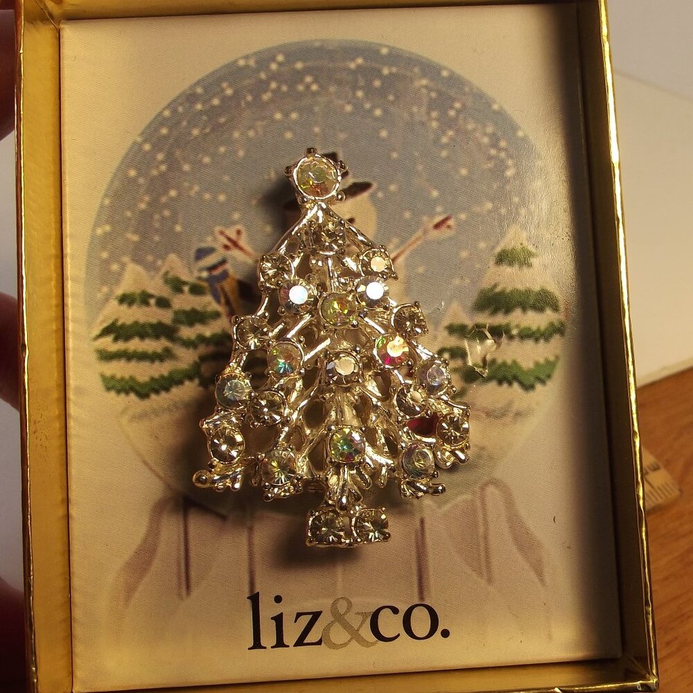 Liz & Co. AB Crystal Christmas Tree Pin Brooch Silver Tone